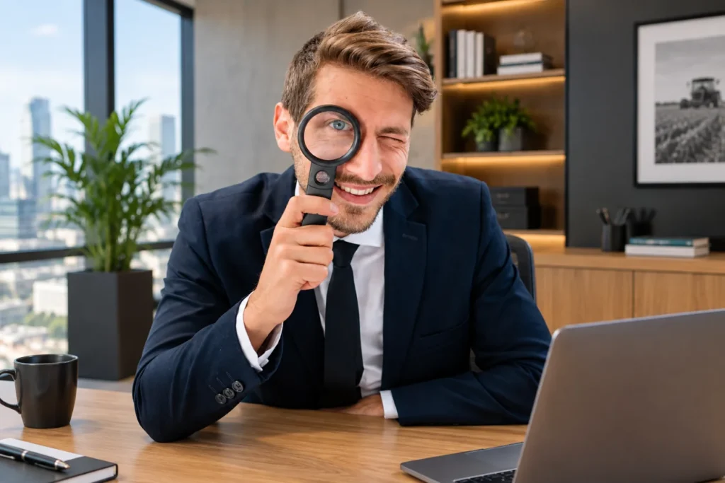 Gerente con una lupa en el ojo, representando el diagnóstico de visibilidad de habilidades del equipo.