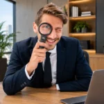 Gestor com uma lupa no olho, representando o diagnóstico de visibilidade de habilidades da equipe.