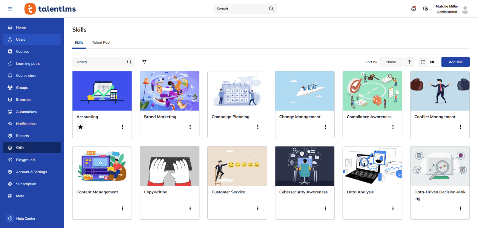 Recurso Skills do TalentLMS, software de visibilidade de habilidades, com a visão da equipe.