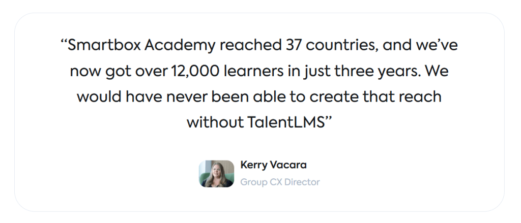 Caso de estudio de Smartbox mostrando resultados con TalentLMS como LMS fácil de usar