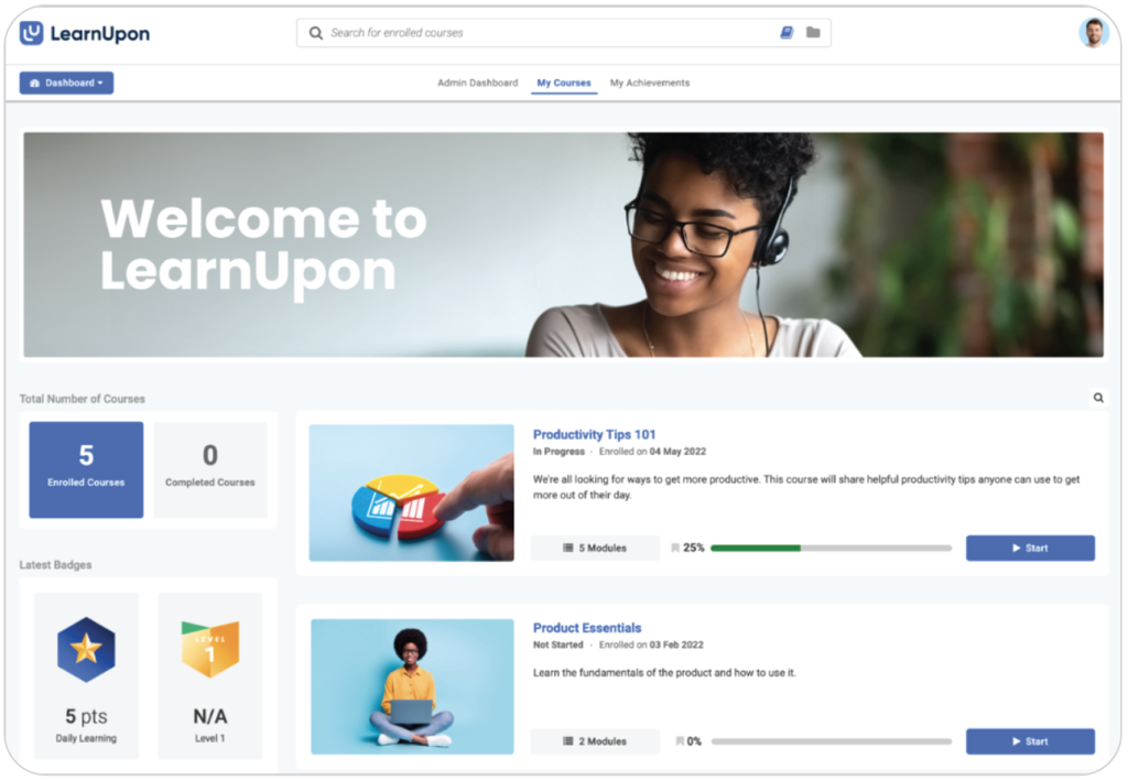 Plataforma LearnUpon, LMS fácil de usar com interface limpa e organizada