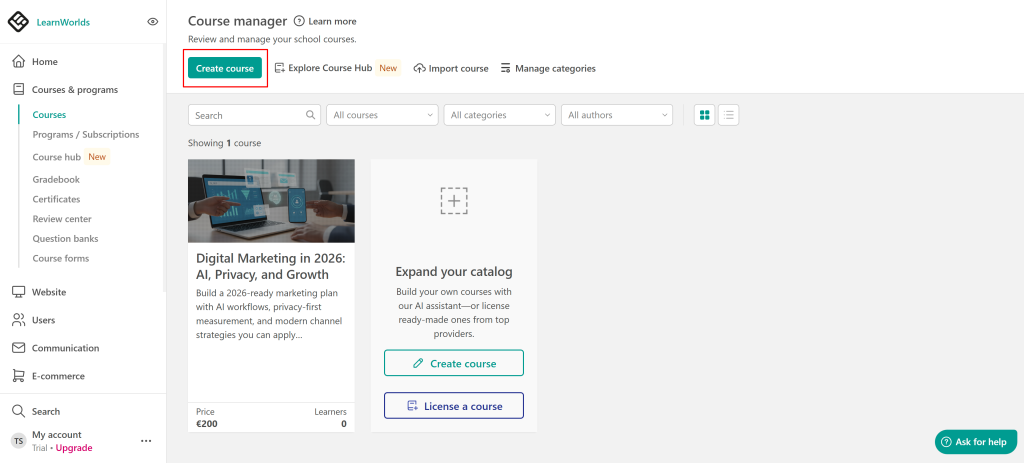 Plataforma LearnWorlds, LMS fácil de usar para criação de cursos interativos