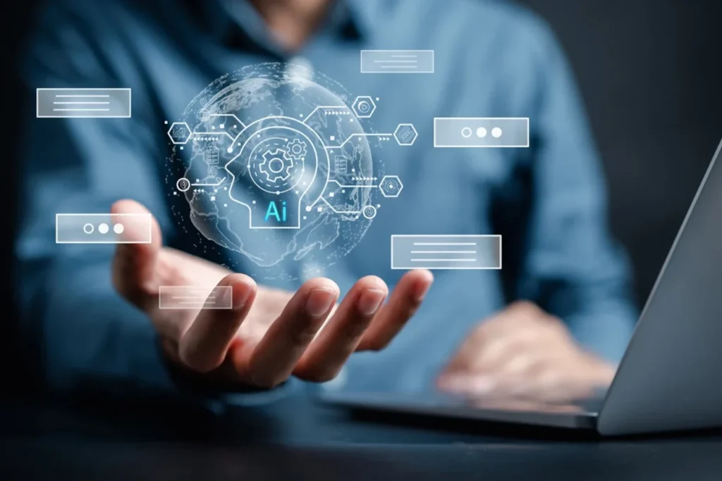Mão segurando uma representação digital de inteligência artificial (IA), simbolizando tecnologia educacional e inovação em plataformas LMS.