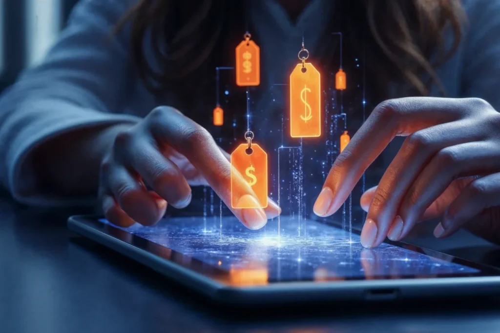 Pessoa interage com tablet exibindo etiquetas de preço digitais em realidade aumentada, representando a precificação de LMS.
