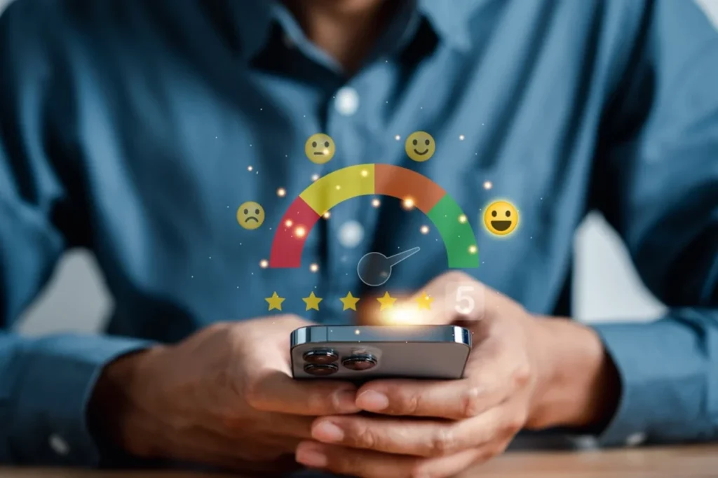 Pessoa segurando um smartphone com um holograma de avaliação de satisfação, representando feedback positivo e engajamento do cliente.